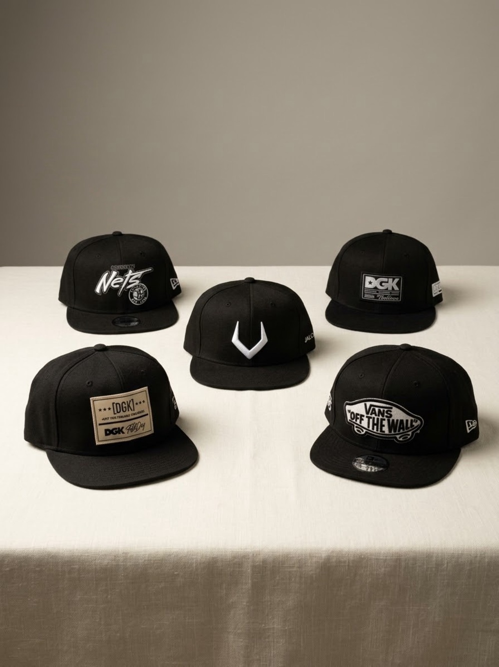 Assorted Black Snapback Hats - Vans, DGK, Nets Logos